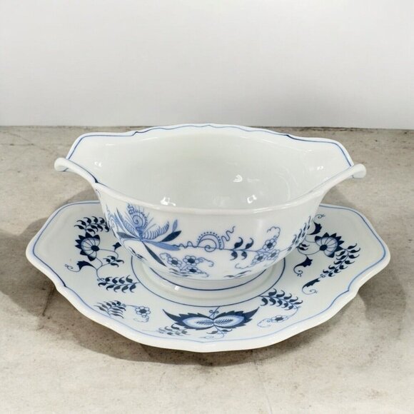 BLUE DANUBE Two Spout Gravy Boat Attached Underplate Porcelain Japan Flowers - Picture 1 of 16